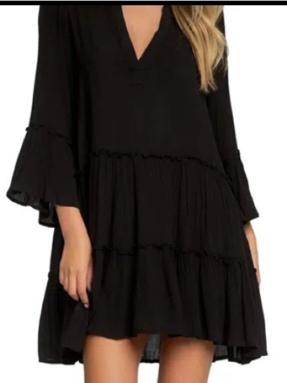 Elan Women's Navy Blue Tiered V-Neck Dress Size Medium 100% Rayon Bell Sleeve